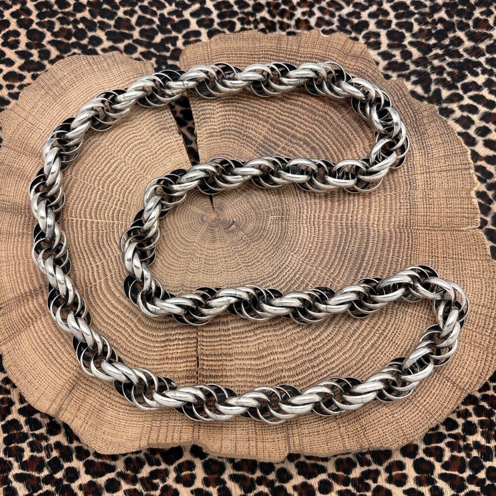 1980s STERLING SILVER Large Openwork Rope Statement Necklace 27.25" 132 Grams